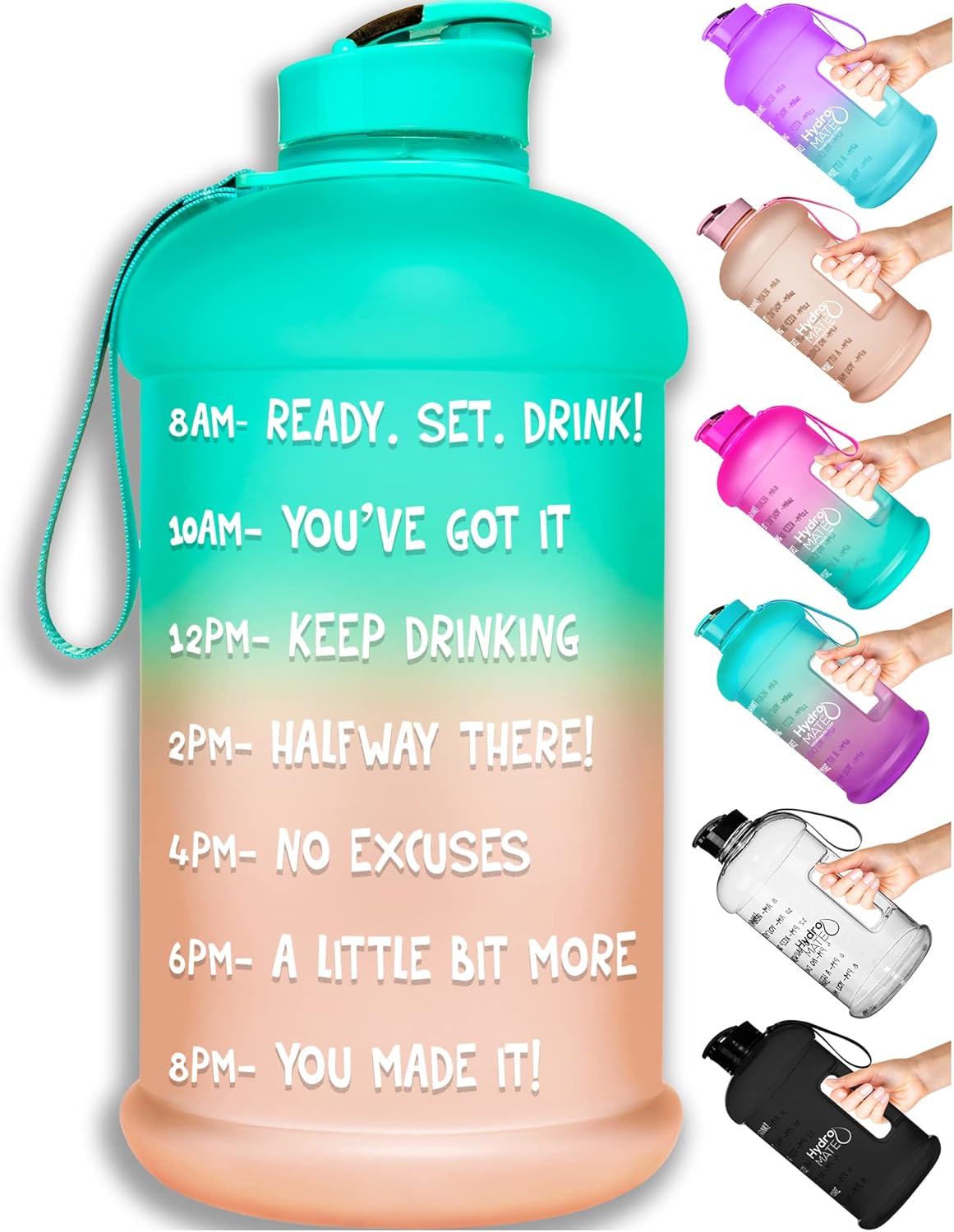 Hydromate Half Gallon Water Bottle with Times to Drink BPA Free Leak Proof Reusable Jug with Handle 64 Oz