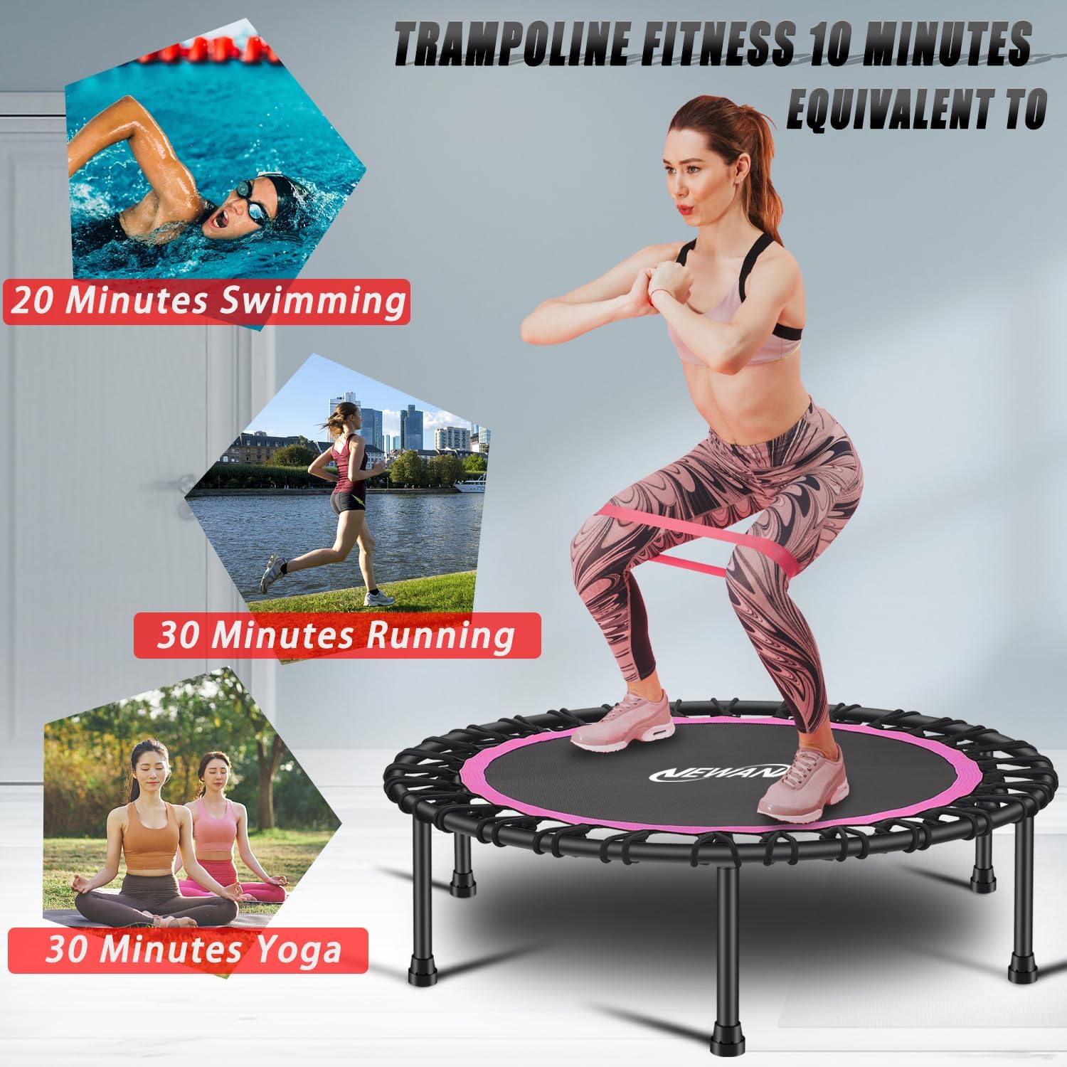 40"-48" Silent Mini Trampoline Fitness Trampoline Bungee Rebounder Jumping Cardio Trainer Workout for Adults-Max Limit 330Lbs