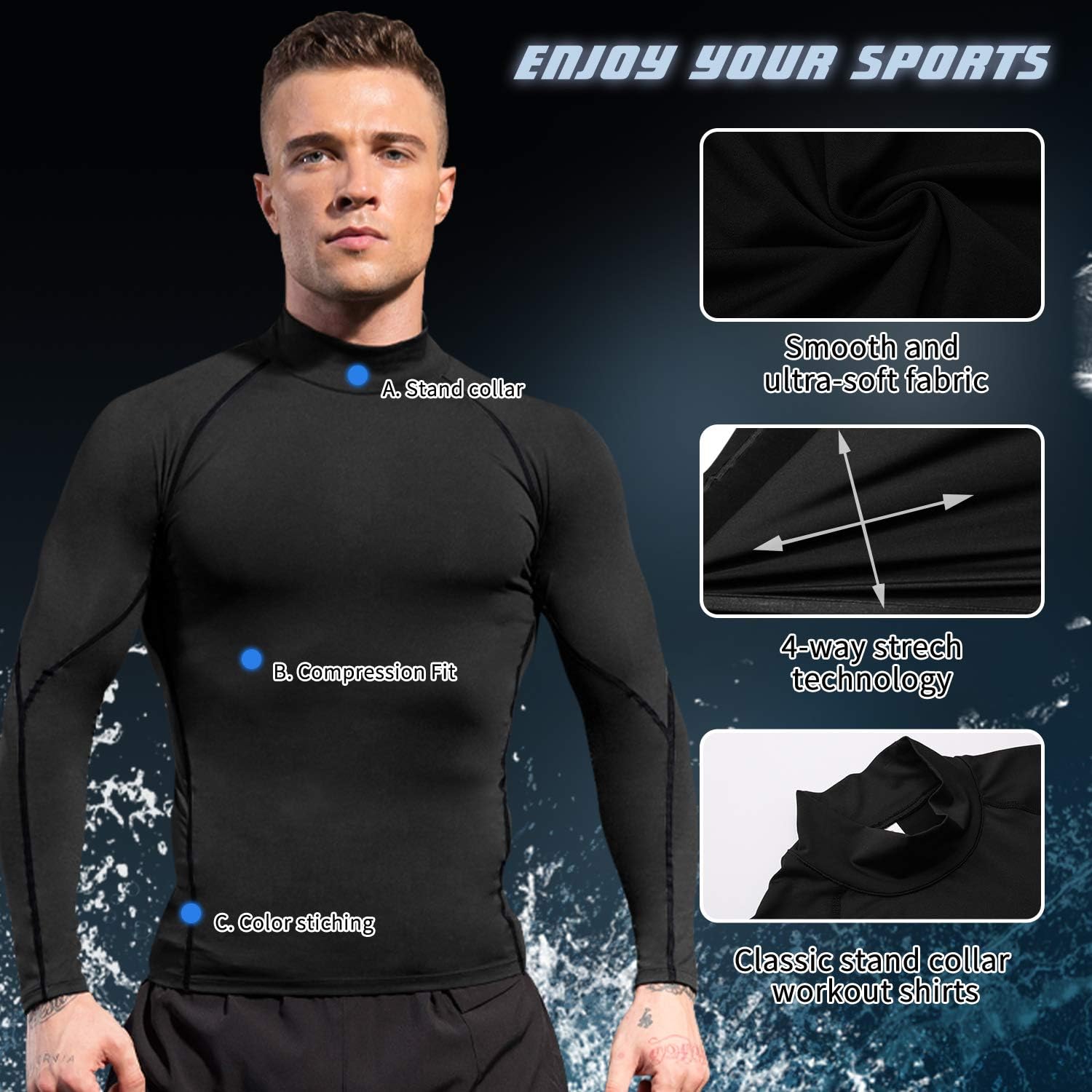 Men'S Compression Shirts Thermal Long Sleeve Athletic Workout Tops Gym Undershirts Sports Baselayers Running T Shirt for Men