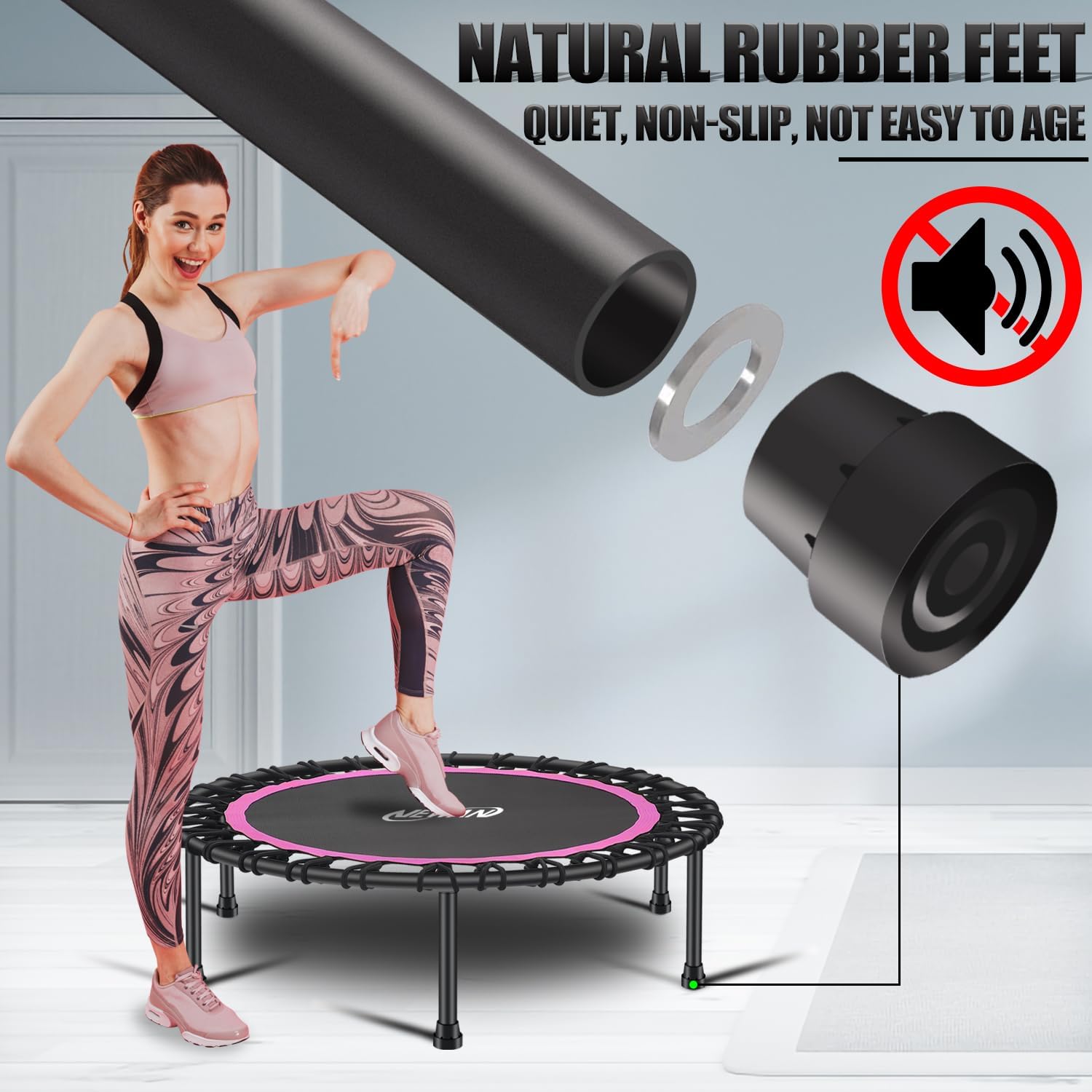 40"-48" Silent Mini Trampoline Fitness Trampoline Bungee Rebounder Jumping Cardio Trainer Workout for Adults-Max Limit 330Lbs