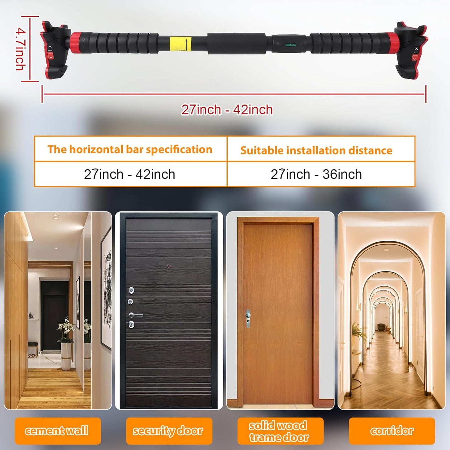 Pull up Bar for Doorways, Strength Training Upper Body Workout Chin up Bar with Level Meter and Adjustable Width, Portable Pull-Up Bars, No Installation Required, Max Load 440 LBS