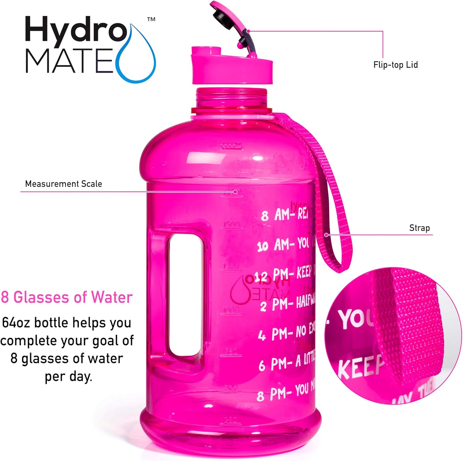 Hydromate Half Gallon Water Bottle with Times to Drink BPA Free Leak Proof Reusable Jug with Handle 64 Oz