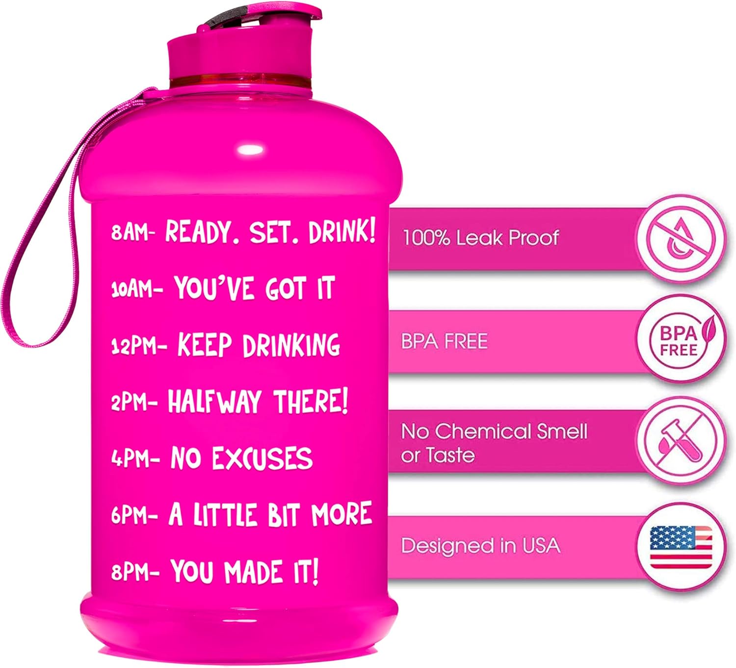 Hydromate Half Gallon Water Bottle with Times to Drink BPA Free Leak Proof Reusable Jug with Handle 64 Oz