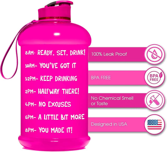 Hydromate Half Gallon Water Bottle with Times to Drink BPA Free Leak Proof Reusable Jug with Handle 64 Oz
