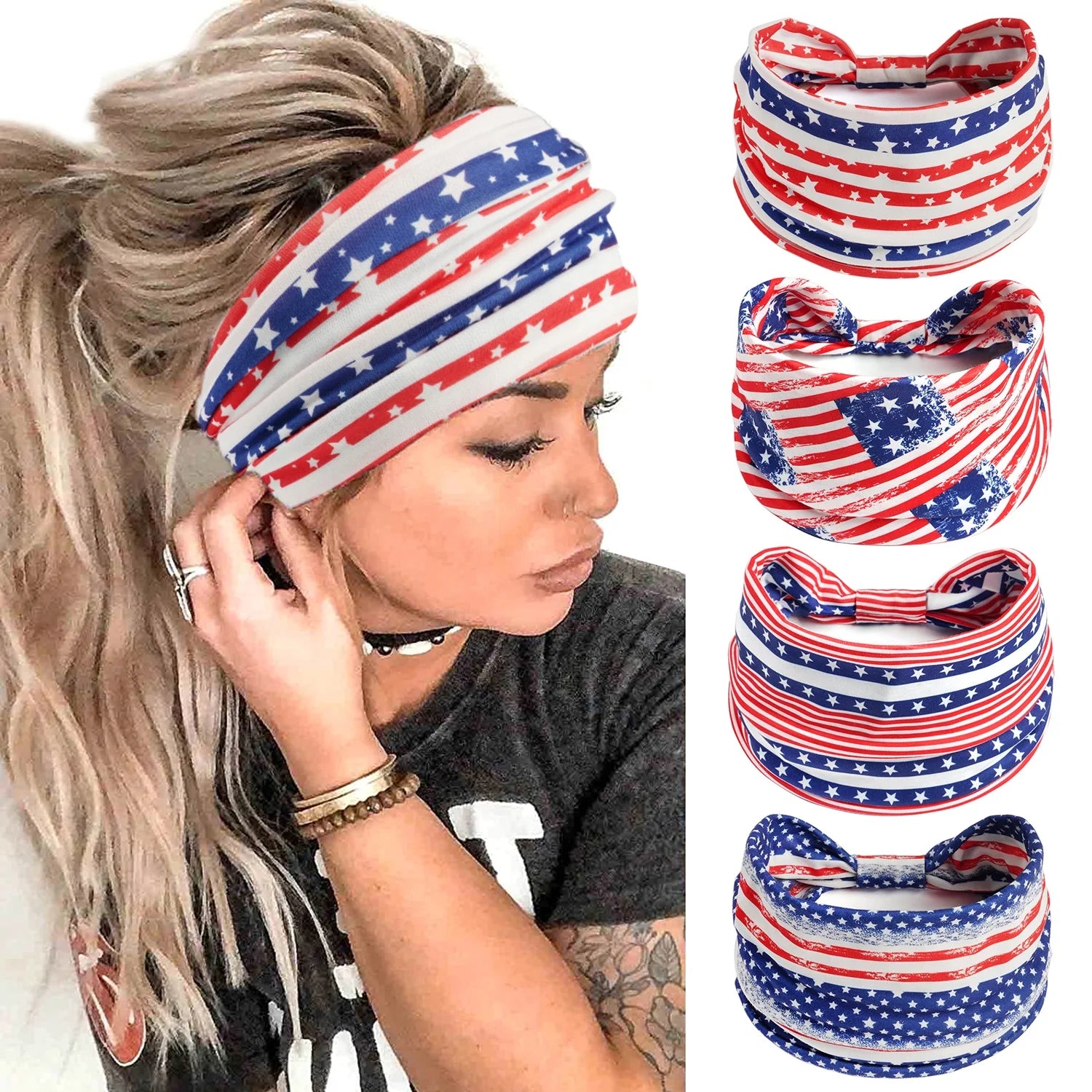5 Pack USA Patriotic Hair Accessories for Women and Girls Non Slip Elastic American Flag Headband Hairband Red White and Blue Bandana Stars Headband