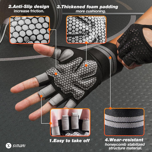 Breathable Workout Gloves for Men Women, Padded Weight Lifting Gloves with Wrist Wraps Support, Full Palm Protection, Grip for Gym Training, Fitness, Weightlifting, Exercise Fingerless Black