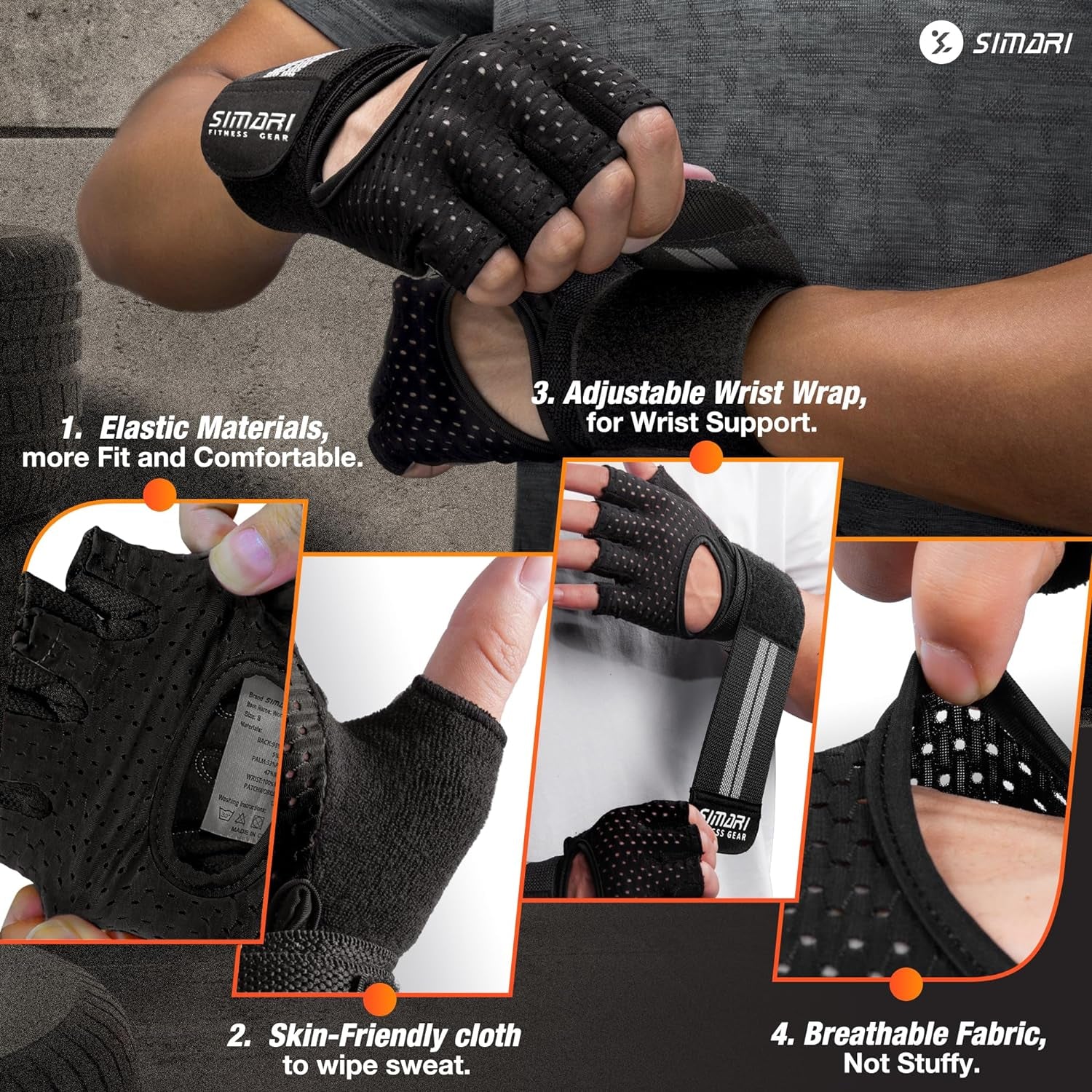 Breathable Workout Gloves for Men Women, Padded Weight Lifting Gloves with Wrist Wraps Support, Full Palm Protection, Grip for Gym Training, Fitness, Weightlifting, Exercise Fingerless Black