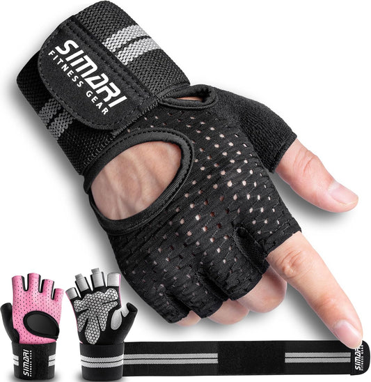 Breathable Workout Gloves for Men Women, Padded Weight Lifting Gloves with Wrist Wraps Support, Full Palm Protection, Grip for Gym Training, Fitness, Weightlifting, Exercise Fingerless Black